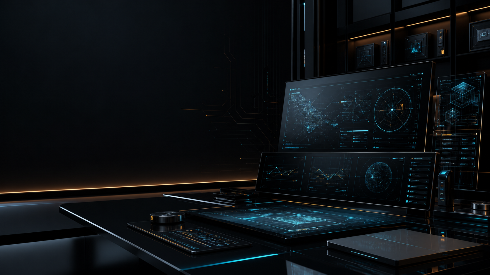 Premium high-tech AI command workspace